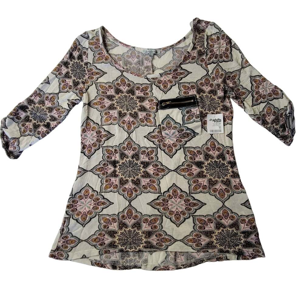 Charlotte Russe Cream Brown Shirt NEW 3/4 Sleeves Geometric Womens XS Scoop Neck